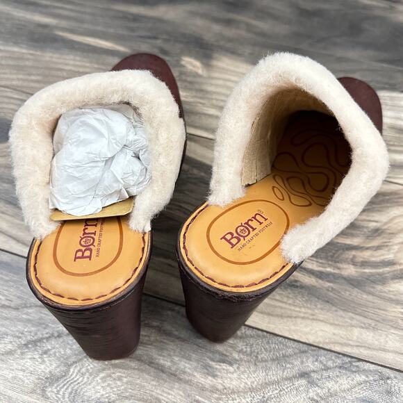 Born Hope 8M Shearling-Lined Open Back Heeled Distressed Leather Clogs Dark Red - Picture 8 of 12